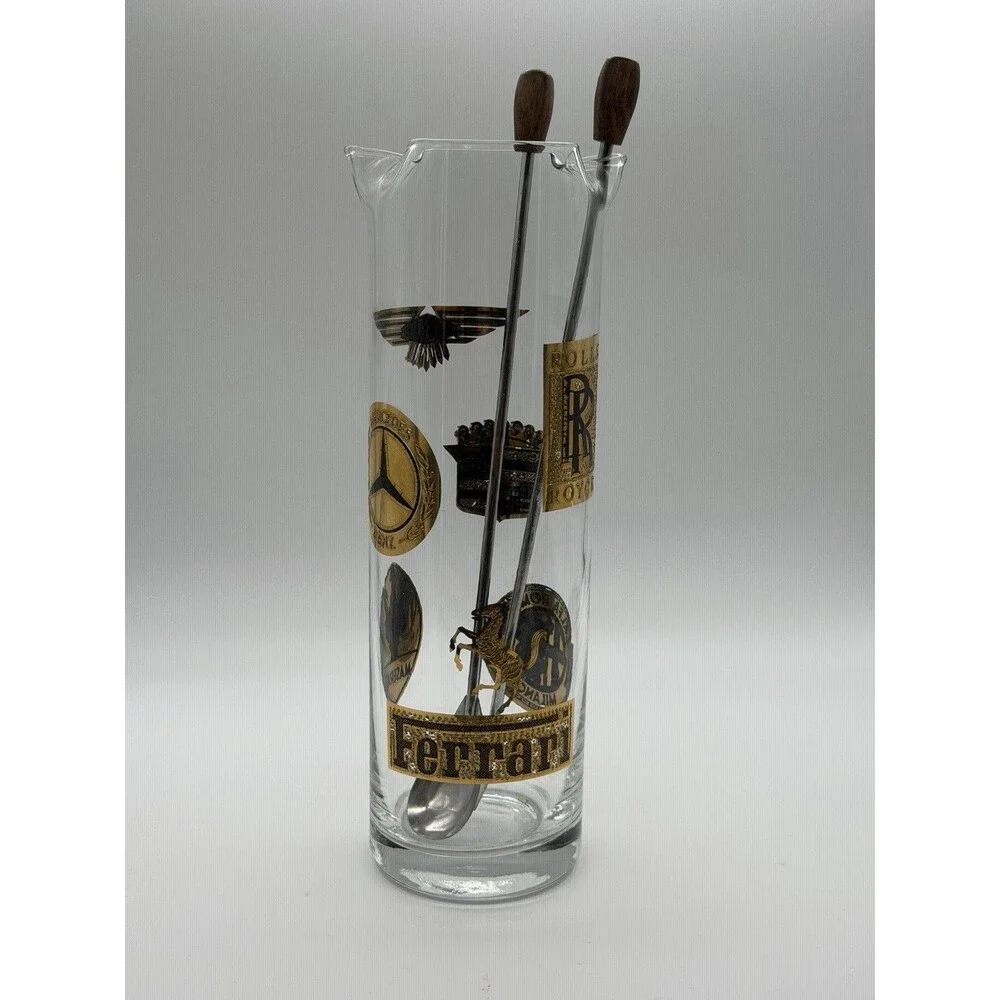 Vintage MCM Cocktail Shaker Pitcher Glass Luxury Cars w/spoon & Fork Gold/Black